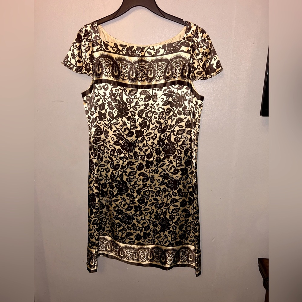 Donna Morgan Vintage 100% Silk Brown and Gold Paisley Dress